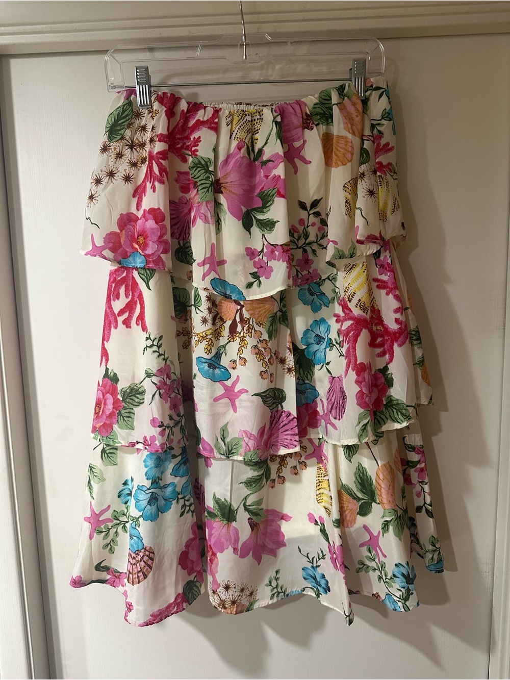 Tiered Floral Midi Skirt - Cream with Pink & Blue Floral Print